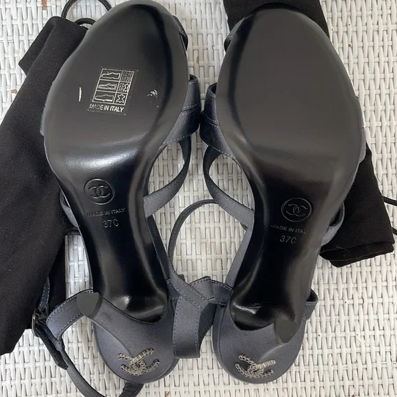 CHANEL embellished blue-grey satin heals sandals size 37 NEW - Picture 7 of 10